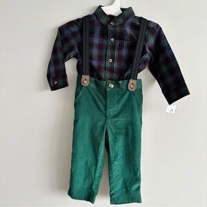 CARTERS 9M Just One You Suspender 3-Pc  Plaid Top Green Corduroy Pants